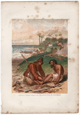 Robinson Crusoe releases the Spaniard from the Cannibals
